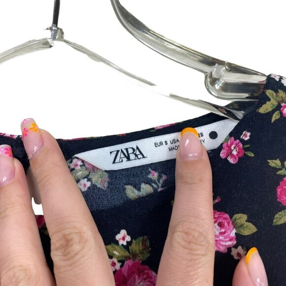 Zara Black Pink Floral Long Sleeve Boho Maxi Dress Size Small - Picture 7 of 11